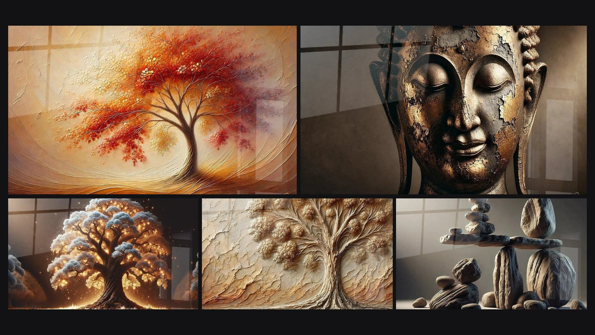 Mosaico di cinque quadri, tra cui Danza delle Stagioni, Albero della Notte e Albero di Antan