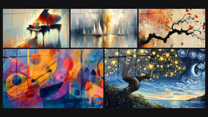 Mosaïque de cinq tableaux, dont Piano rêveur, Formes géométriques colorées et Aurore sur la Baie