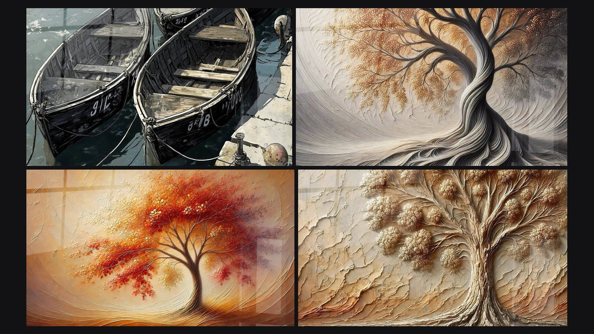 Mosaico di quattro quadri, tra cui Porto N°2, Respiro della Terra e Danza delle Stagioni