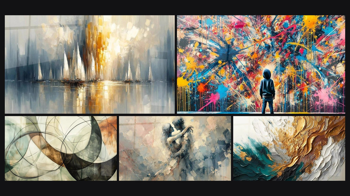 Mosaico di cinque quadri, tra cui Alba sulla Baia, I Legami Invisibili e Schizzi di Pittura