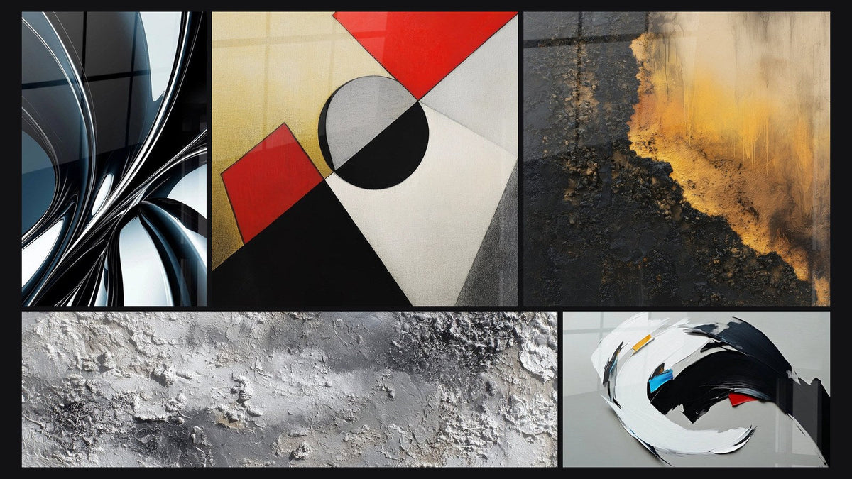 Mosaic of five paintings, including Metallic chrome spiral and Gray and Silvered Mineral Abstract Texture