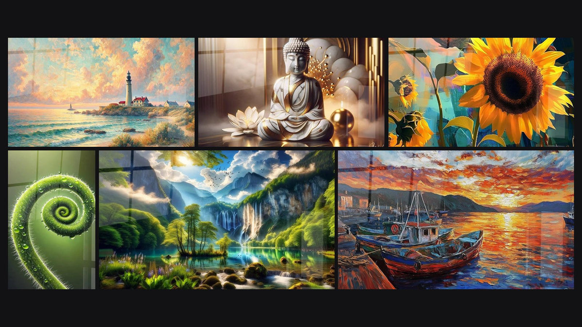 Mosaïque de six tableaux, dont Aube sur le Phare, Spirale de Vie et Paix Marbrée