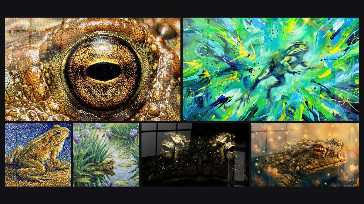 Mosaïque de six tableaux, dont Crapaud Mosaïque Dorée aux Reflets Orangés