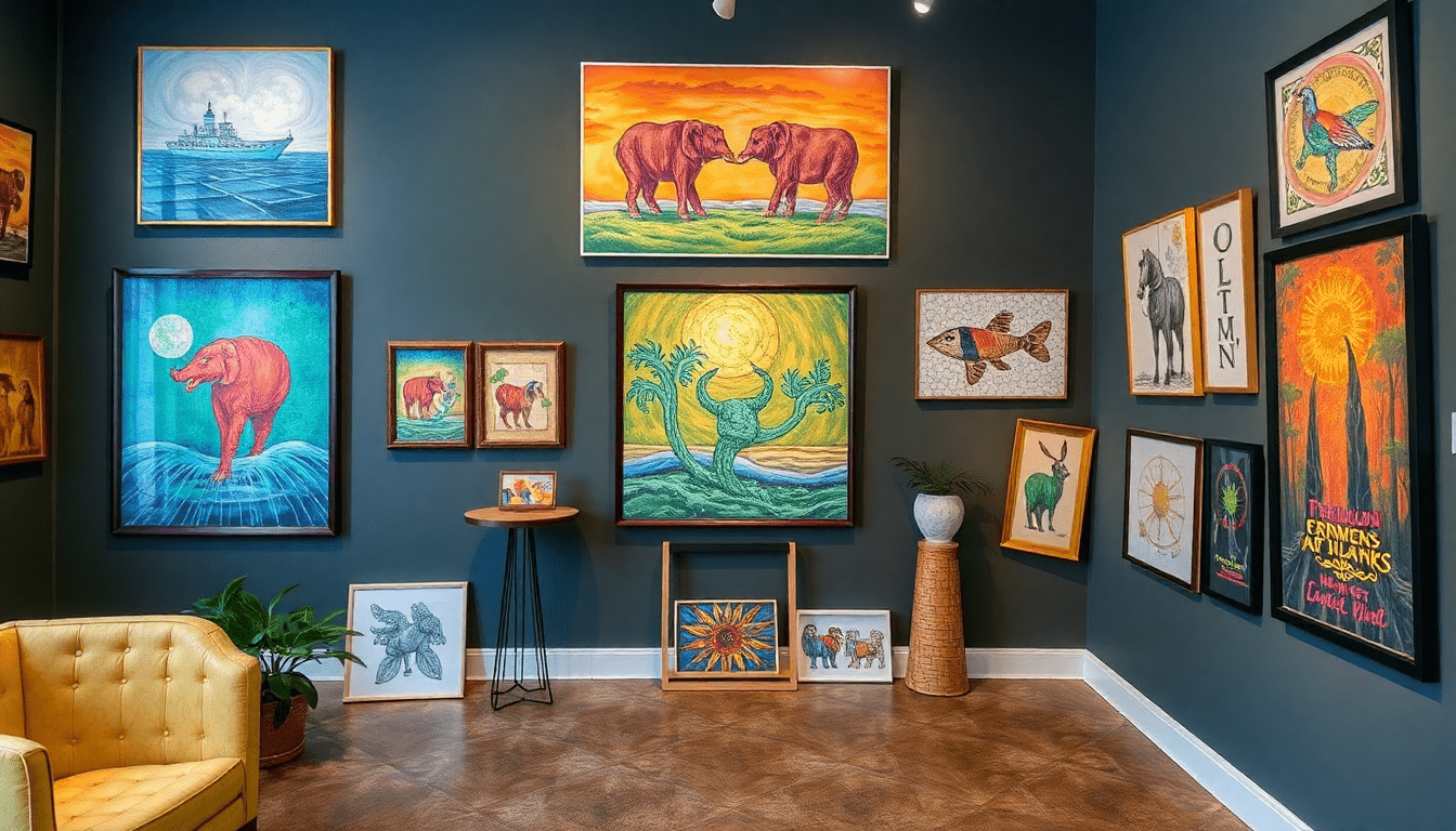 An eclectic art gallery showcasing unique wall art
