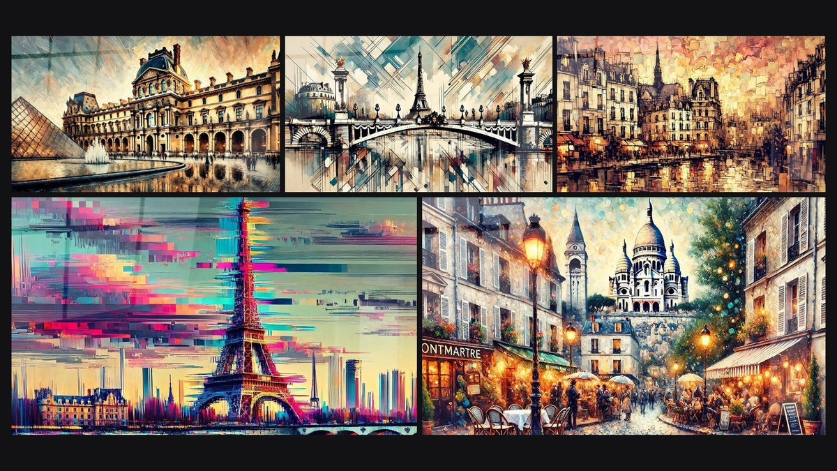 Mosaico di cinque quadri, tra cui Ponte Alessandro III N°2, Quartiere Latino N°1 e Torre Eiffel N°3