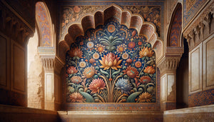 Fresque murale d'un palais swahili de Kilwa au 14ème siècle, fusion de motifs floraux africains et asiatiques, pigments précieux