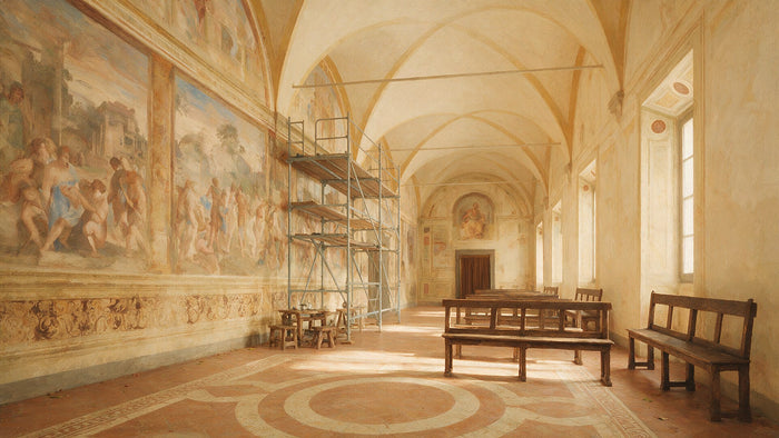 Une grande salle de palais à fresques, au sol carrelé, avec un échafaudage de restauration près d'une haute fenêtre