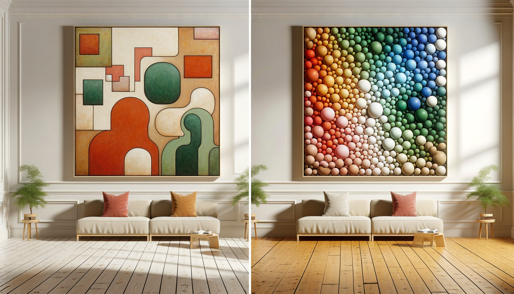 Comparaison visuelle entre tableau 3 couleurs harmonieuses et tableau multicolore chaotique pour éveil chromatique enfant