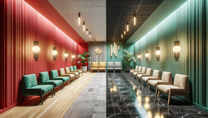 Comparaison de salles d'attente médicales montrant palettes chromatiques anxiogènes versus apaisantes en environnement de soin contemporain