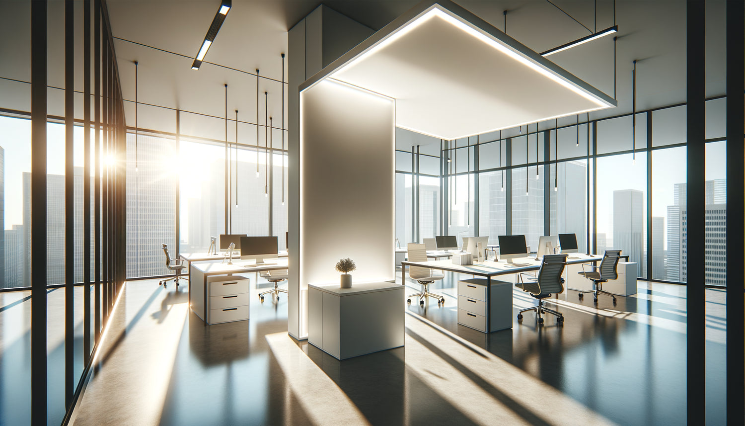 Panneau blanc réfléchissant la lumière naturelle dans une agence moderne professionnelle lumineuse