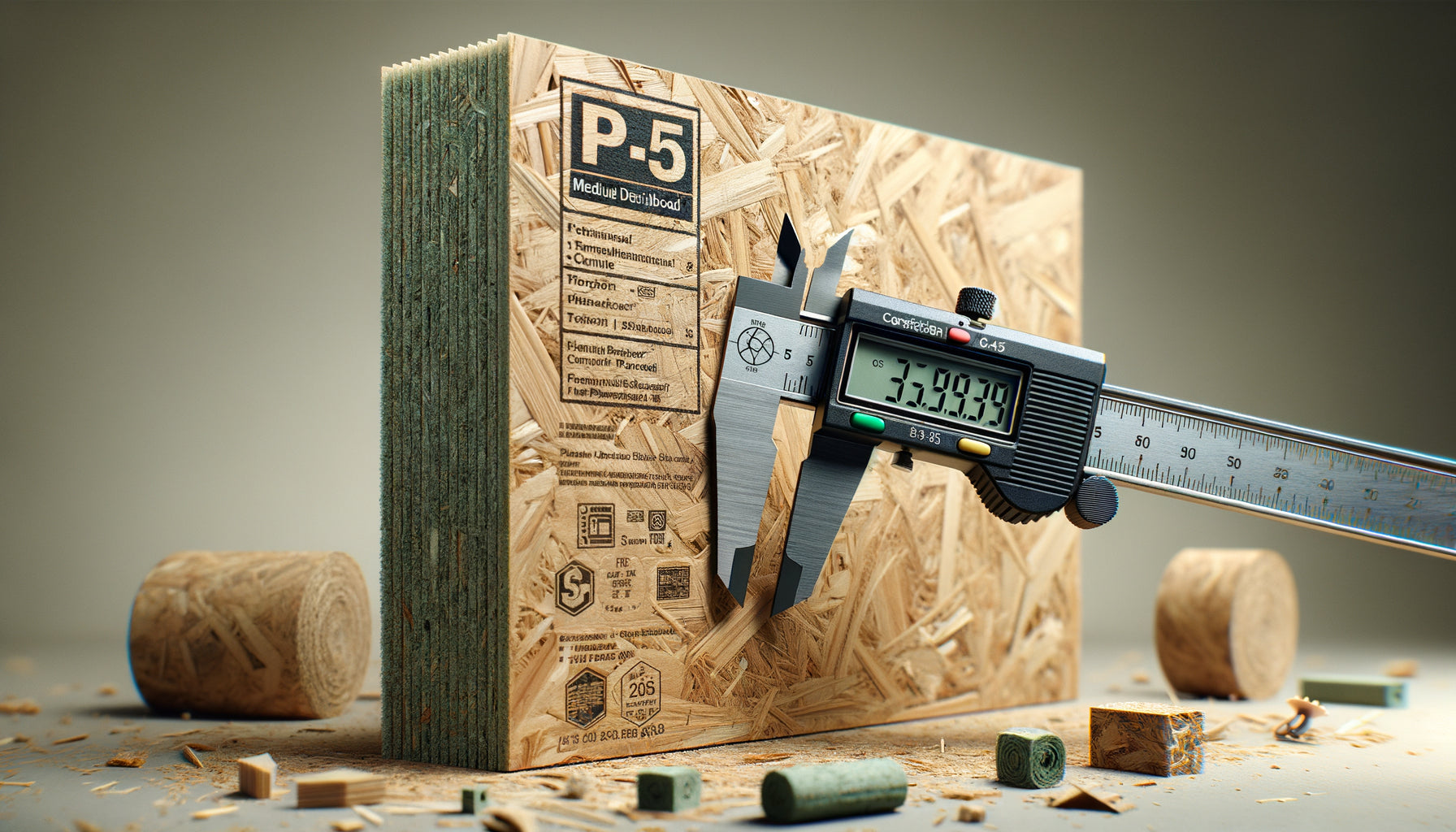 Gros plan sur panneau MDF classe P5 avec marquage technique de certification et texture dense caractéristique