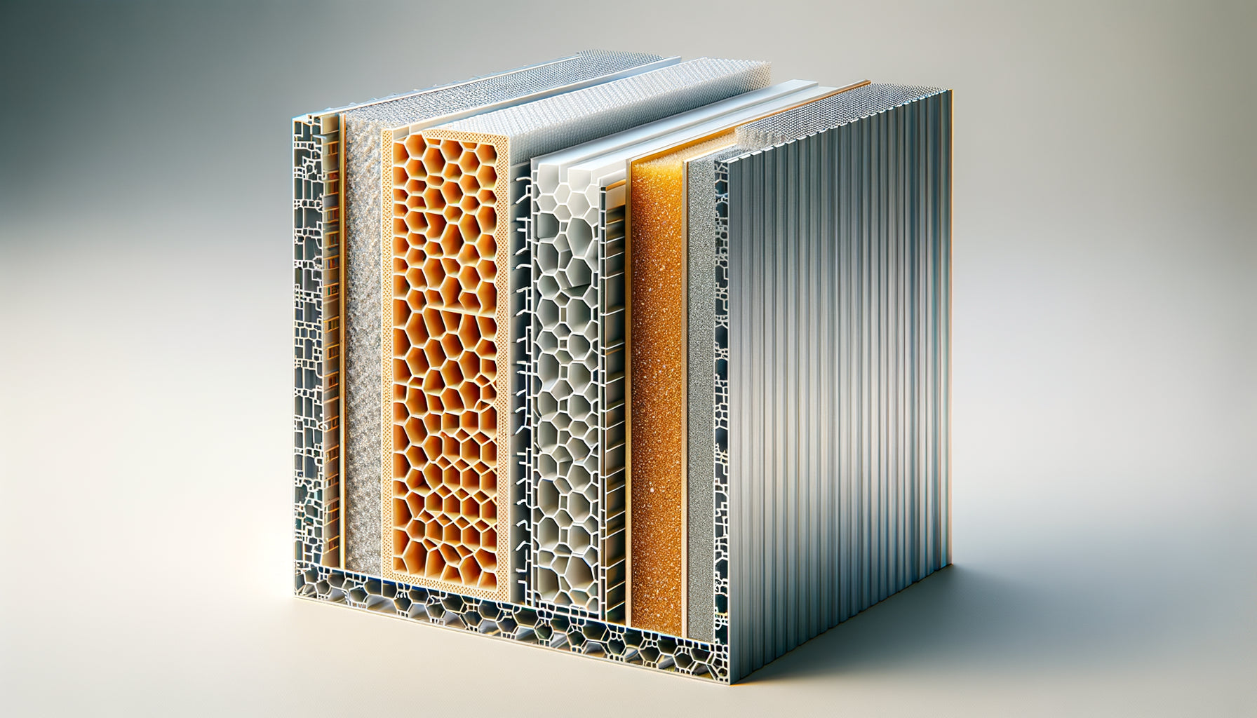 Coupe transversale de panneaux sandwich aluminium montrant trois types de noyaux : mousse polyuréthane, alvéolaire et polyéthylène