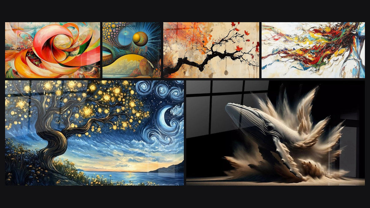 Mosaic of six paintings, including Dynamic Red Orange Spiral, Mystic cosmos and Terracotta Wall Art No.4