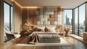 Chambre Airbnb moderne avec panneaux acoustiques décoratifs géométriques terracotta sur mur, design contemporain fonctionnel et esthétique