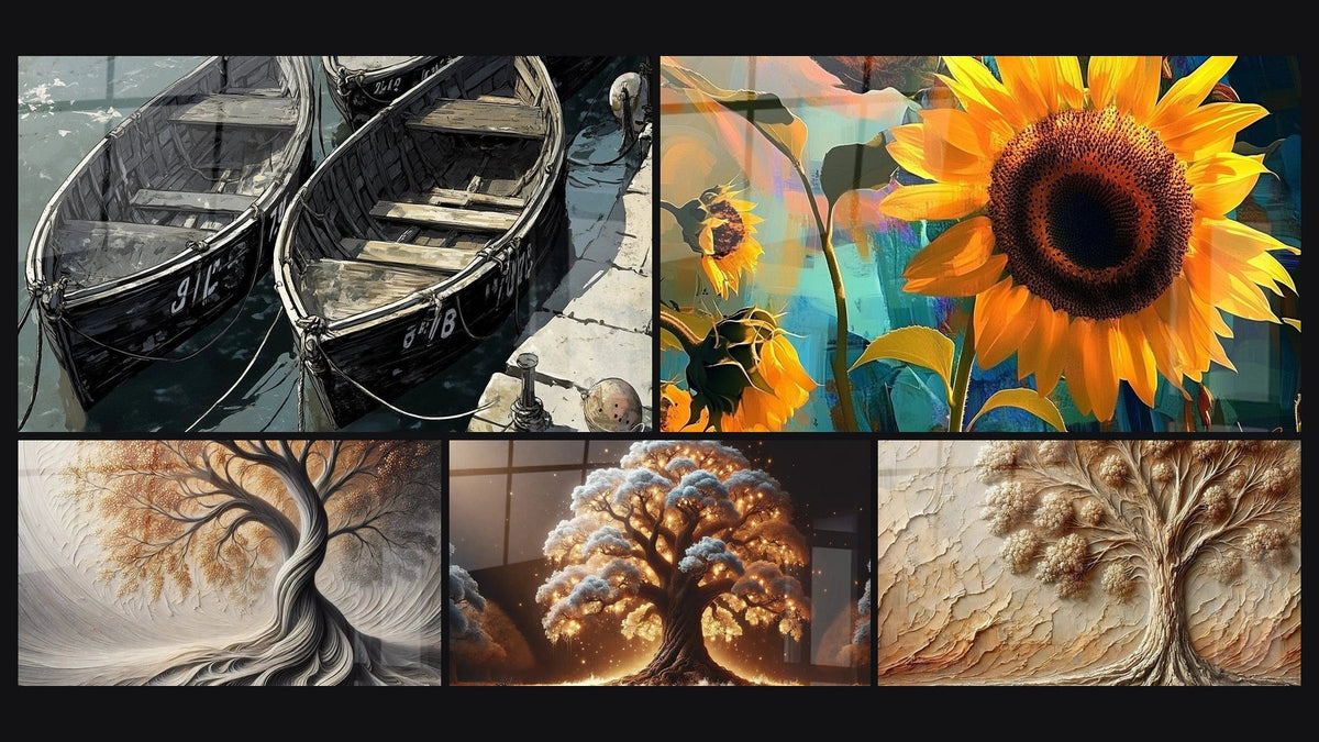 Mosaico de cinco cuadros, entre ellos Puerto N°2, Aliento de la Tierra y Girasol N°1