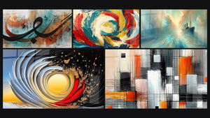 Mozaïek van vijf schilderijen, waaronder Modern Arabische kalligrafie, Explosieve gouden spiraal en Cosmische Metamorfose