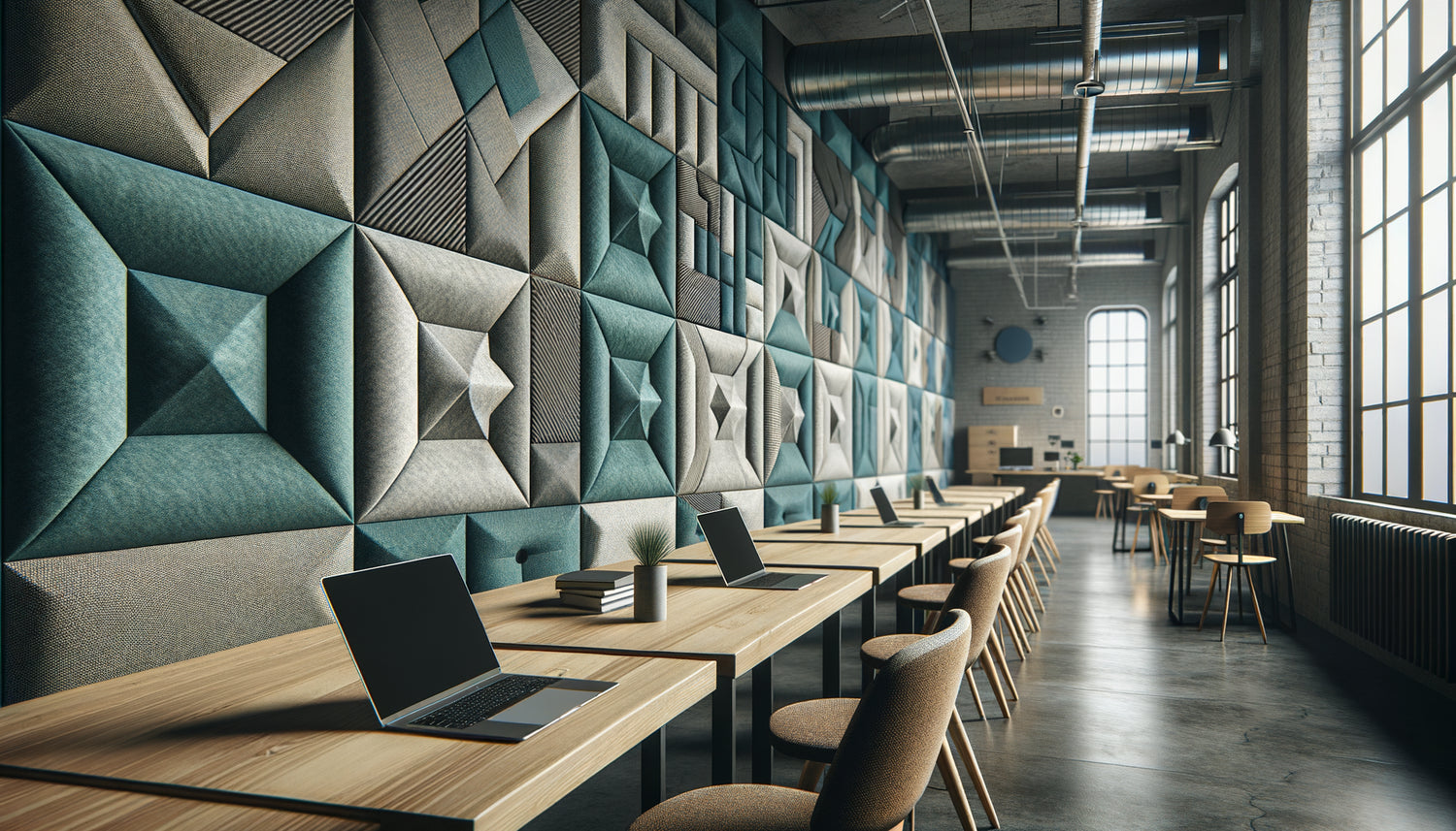 Panneaux muraux acoustiques design installés dans un espace de coworking moderne avec bureaux partagés