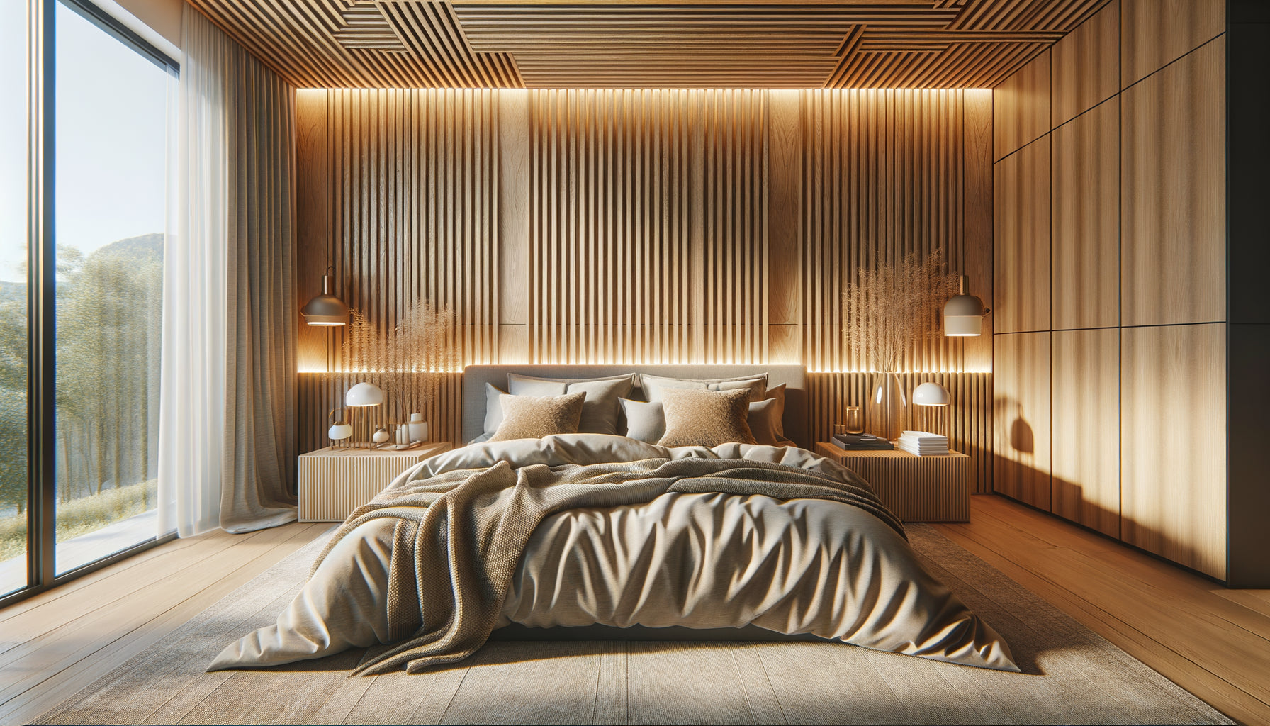 Chambre Airbnb moderne avec panneau mural en bois naturel créant un effet premium chaleureux