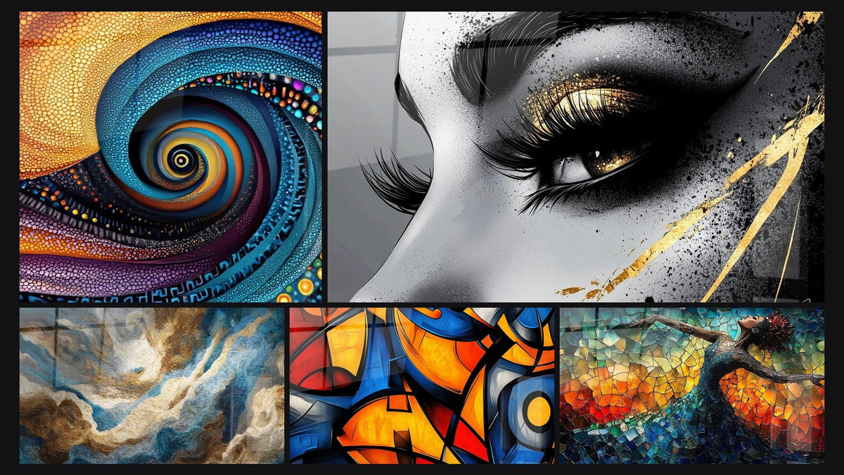 Mosaic of five paintings, including Hypnotic Cosmic Spiral, Marine storm and Colored geometric shapes