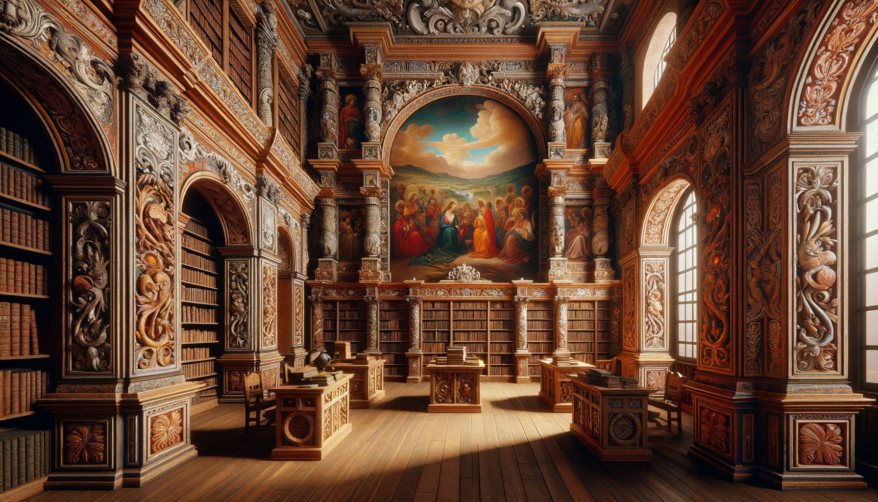 Panneaux peints baroques d'une bibliothèque coloniale espagnole du 18ème siècle en Amérique latine, fusion artistique européenne et indigène