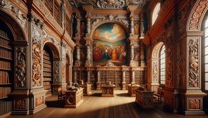 Panneaux peints baroques d'une bibliothèque coloniale espagnole du 18ème siècle en Amérique latine, fusion artistique européenne et indigène