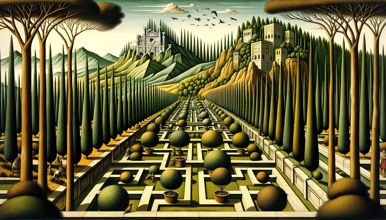 Paysage Renaissance de Paolo Uccello avec perspective géométrique obsessionnelle, arbres et collines organisés selon lois mathématiques rigoureuses, Quattrocento florentin