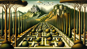 Paysage Renaissance de Paolo Uccello avec perspective géométrique obsessionnelle, arbres et collines organisés selon lois mathématiques rigoureuses, Quattrocento florentin