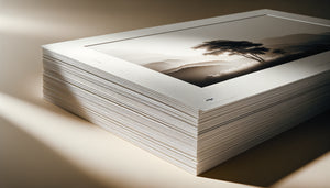 Gros plan sur papier fine art premium 300 g/m² montrant texture et épaisseur luxueuse