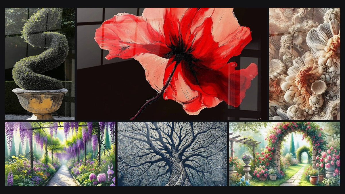 Mosaico di sei quadri, tra cui Bosso N°1, Papavero N°1 e Splendore di Primavera