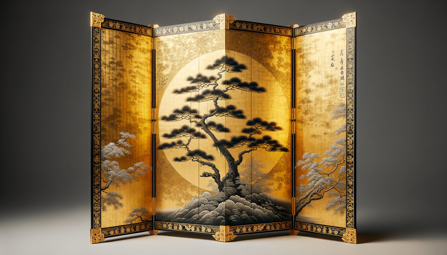 Paravent japonais école Kano combinant feuille d'or et encre monochrome, branches de pin sur fond doré, période Edo