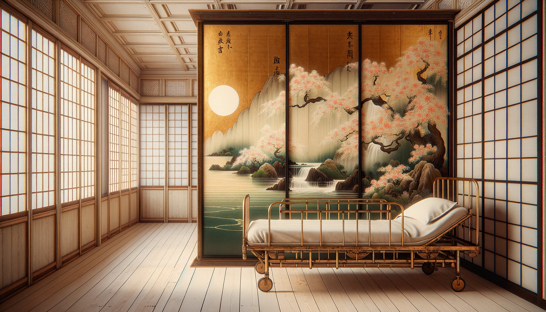 Paravent peint japonais style Nihonga dans hôpital de l'ère Meiji, fusionnant art traditionnel et médecine moderne occidentale