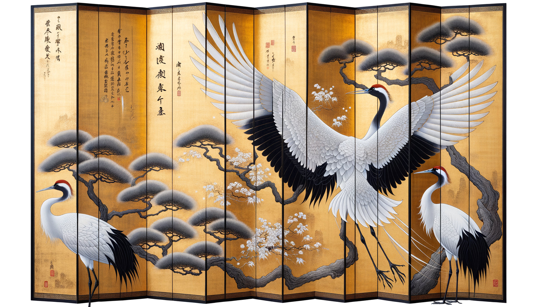 Paravent japonais école Rinpa avec grues sur fond de feuilles d'or, composition asymétrique caractéristique, période Edo