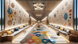 Couloir d'école contemporain transformé en parcours artistique pédagogique avec fresques murales colorées et œuvres d'élèves exposées