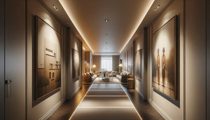 Intérieur contemporain montrant trois tableaux stratégiquement positionnés créant un parcours visuel naturel guidant le regard