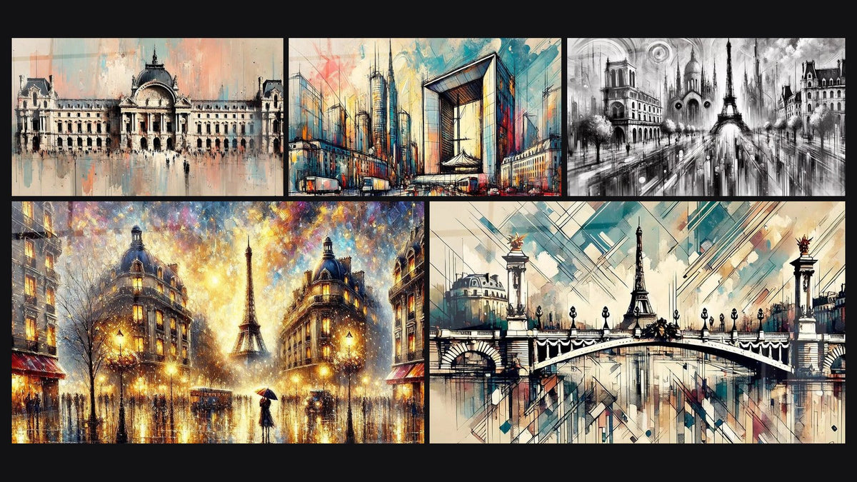 Mosaik aus fünf Gemälden, darunter Palais de Tokyo Nr. 1, La Défense Nr. 1 und Paris im Regen Nr. 1
