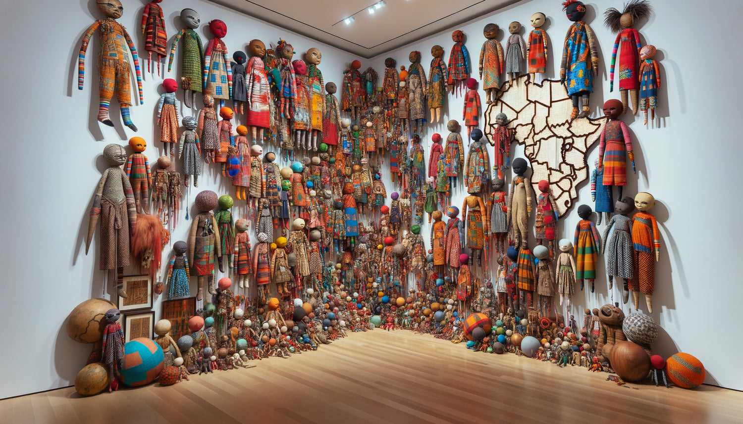 Installation murale de Pascale Marthine Tayou avec poupées multicolores, objets récupérés et accumulations caractéristiques de son art contemporain africain engagé