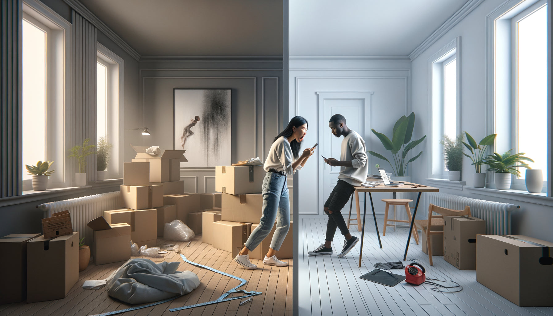 Contraste entre achat précipité et réfléchi de tableaux après déménagement dans intérieur contemporain