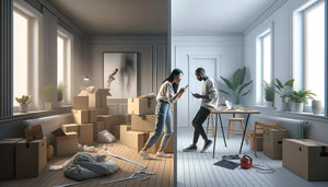 Contraste entre achat précipité et réfléchi de tableaux après déménagement dans intérieur contemporain