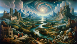 Paysage Renaissance flamand style Joachim Patinir combinant perspectives terrestre, élevée et cosmique avec montagnes bleu-vert caractéristiques du XVIe siècle