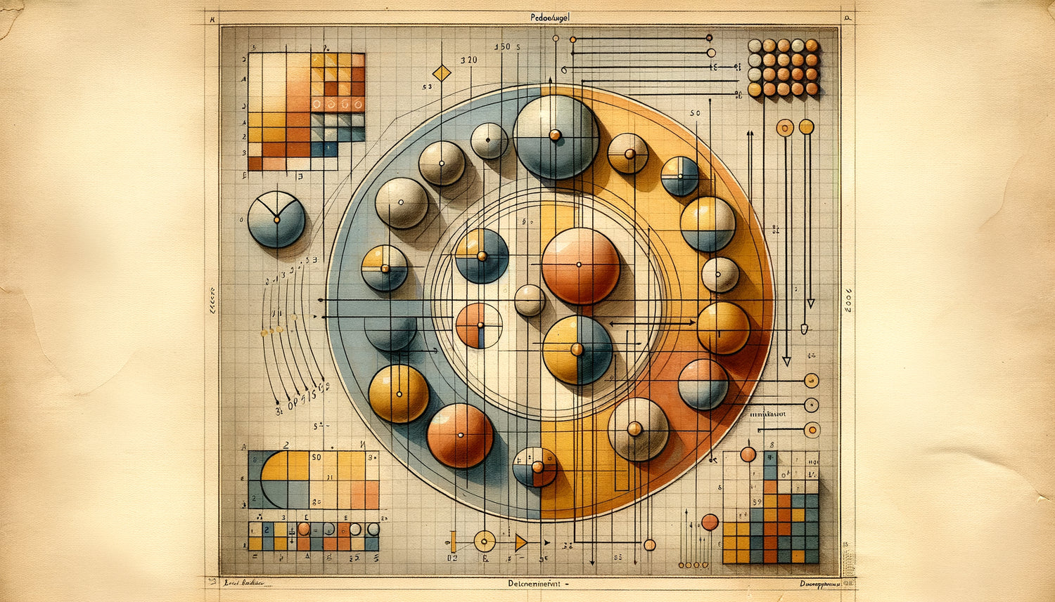 Diagramme pédagogique style Paul Klee années 1920, formes géométriques aquarellées reliées par lignes organiques, esthétique Bauhaus