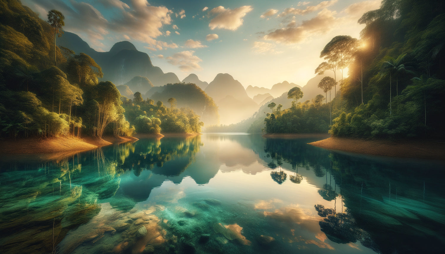 Paysage naturel serein avec lac aux eaux calmes reflétant végétation luxuriante et montagnes, illustration de l'attraction biologique humaine pour l'eau