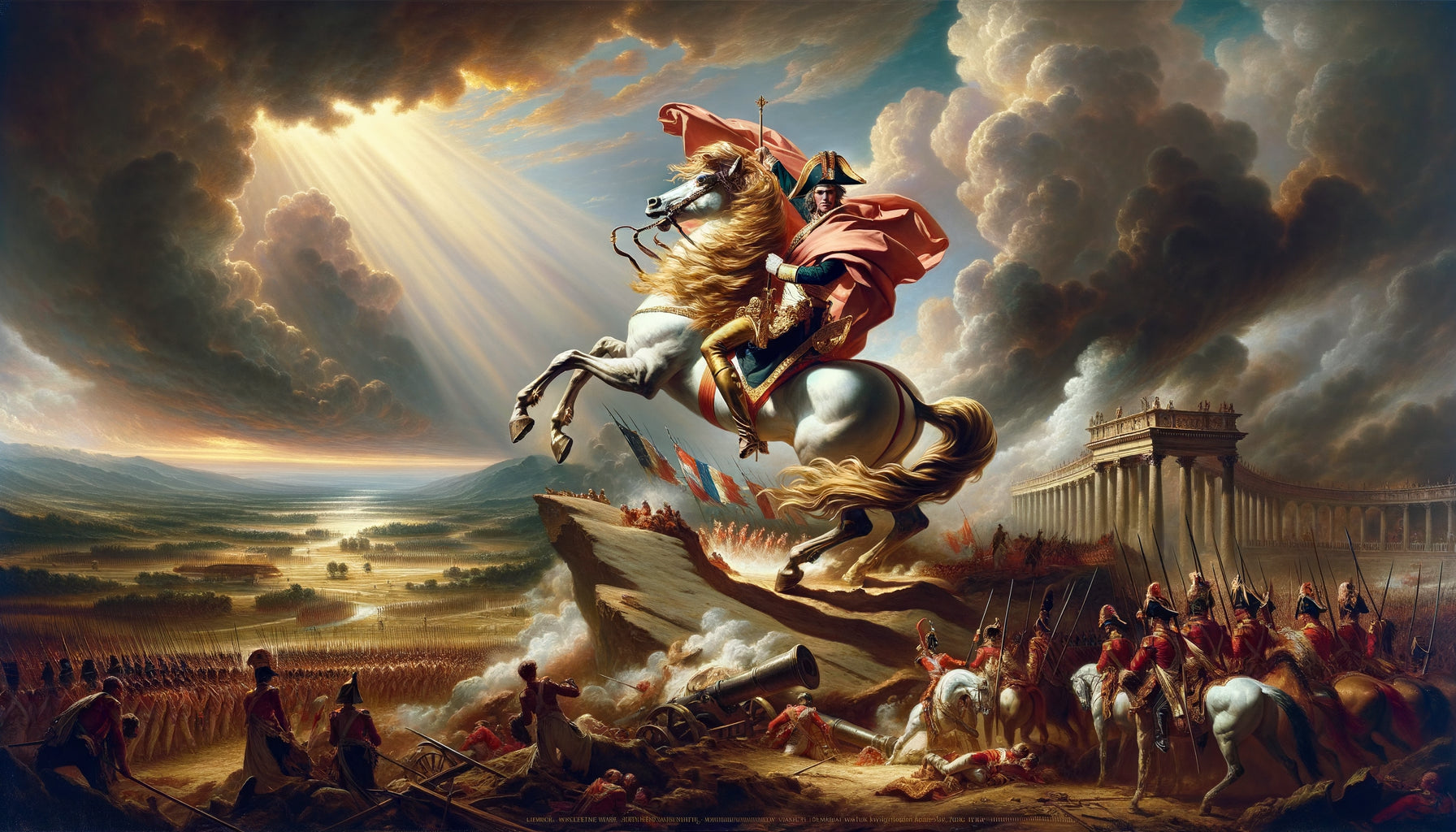 Peinture baroque monumentale de bataille glorifiant un commandant militaire héroïque sous lumière divine dramatique