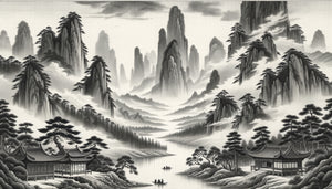 Peinture chinoise traditionnelle shanshui en rouleau vertical, lecture ascendante du monde humain vers les sommets bruumeux, style Song