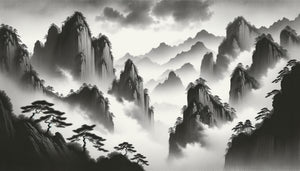 Paysage à l'encre de Chine sur papier xuan, style dynastie Song, montagnes brumeuses et pins, technique traditionnelle shanshui