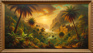 Peinture orientaliste du XIXe siècle représentant un paysage tropical exotique idéalisé, esthétique coloniale européenne, cadre doré d'époque