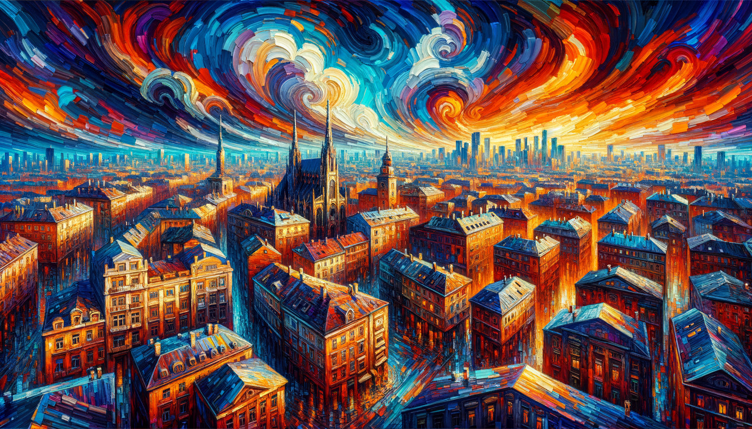 Paysage expressionniste dans le style caractéristique d'Oskar Kokoschka avec architecture tourmentée et coups de pinceau gestuels