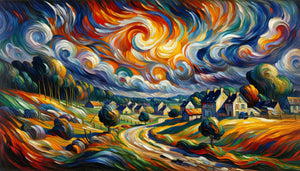 Paysage fauviste de Vlaminck avec couleurs saturées intenses, matière épaisse au couteau et composition dramatique déséquilibrée