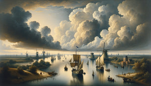 Paysage fluvial hollandais du XVIIe siècle, style Siècle d'or néerlandais, ciel immense et rivière calme avec navires marchands