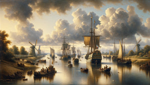 Peinture paysagiste néerlandaise du XVIIe siècle montrant rivière avec bateaux marchands, moulins et activité commerciale fluviale typique du Siècle d'Or