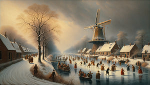 Peinture hollandaise du 17ème siècle montrant patineurs sur canal gelé, style Siècle d'Or néerlandais